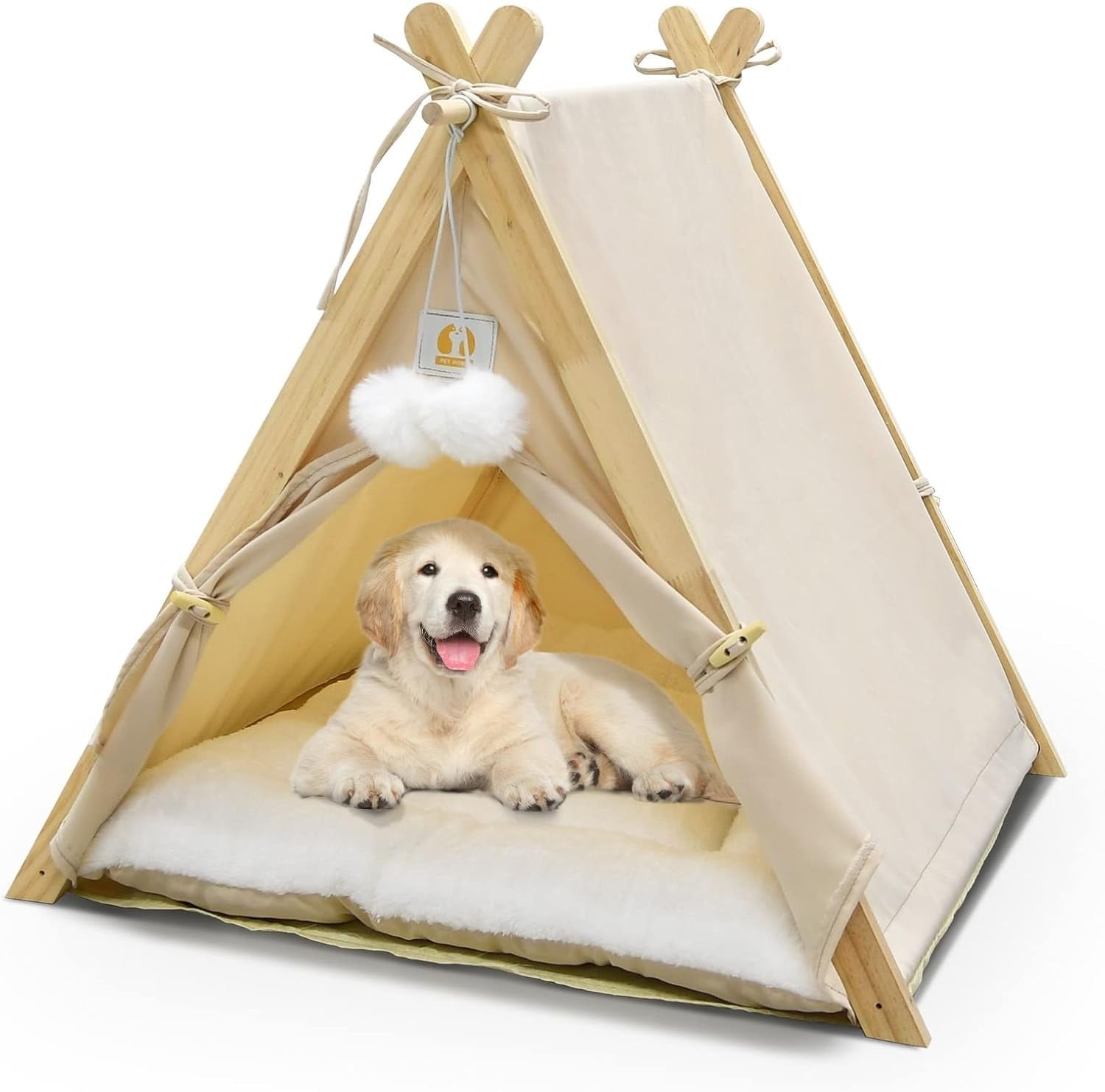 Wooden Pet Teepee Tent Cat Dog House w Cushion Indoor Shelter Beige