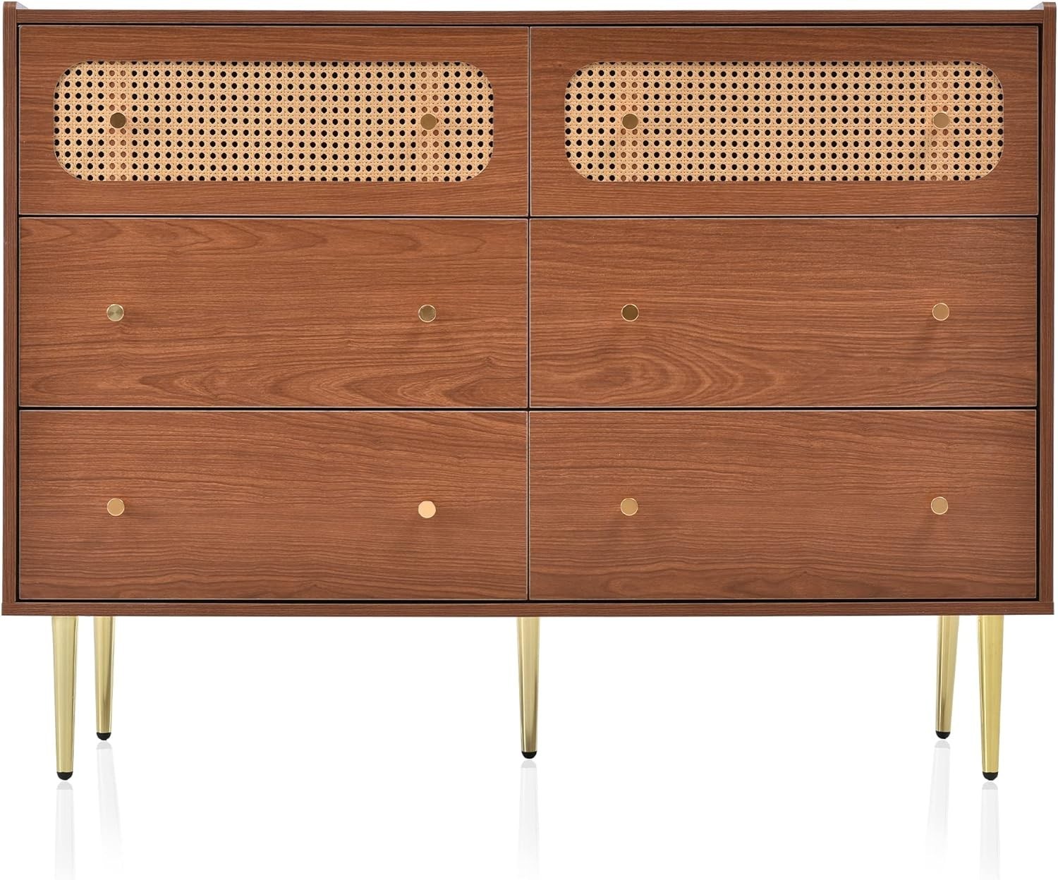 Walnut Rattan Sideboard Cabinet 6 Drawer Chest Storage Unit Modern