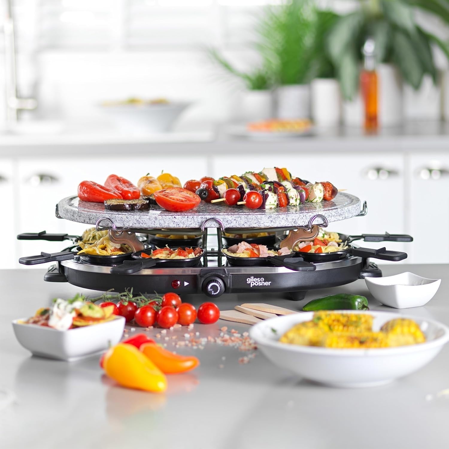 Indoor Stone Raclette Grill for 8 | Non-Stick Pans & Adjustable Heat Dial