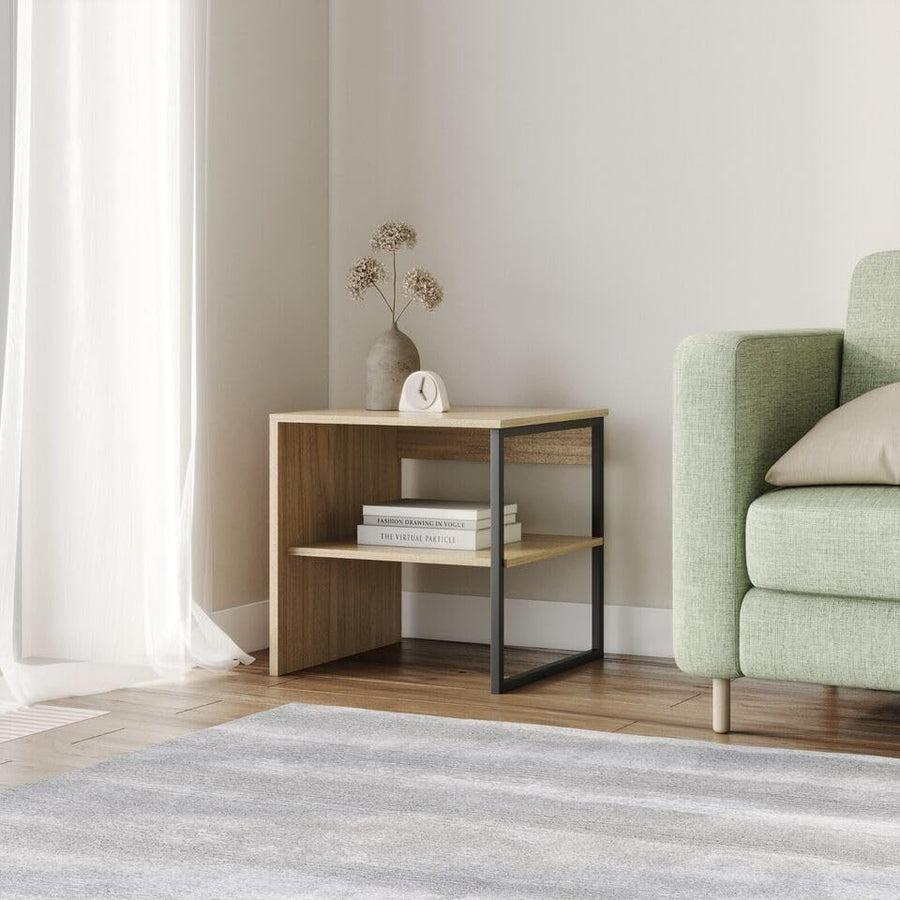 Oak Wood & Steel Side Table 40cm – Sofa or Bedside with Open Storage Shelf