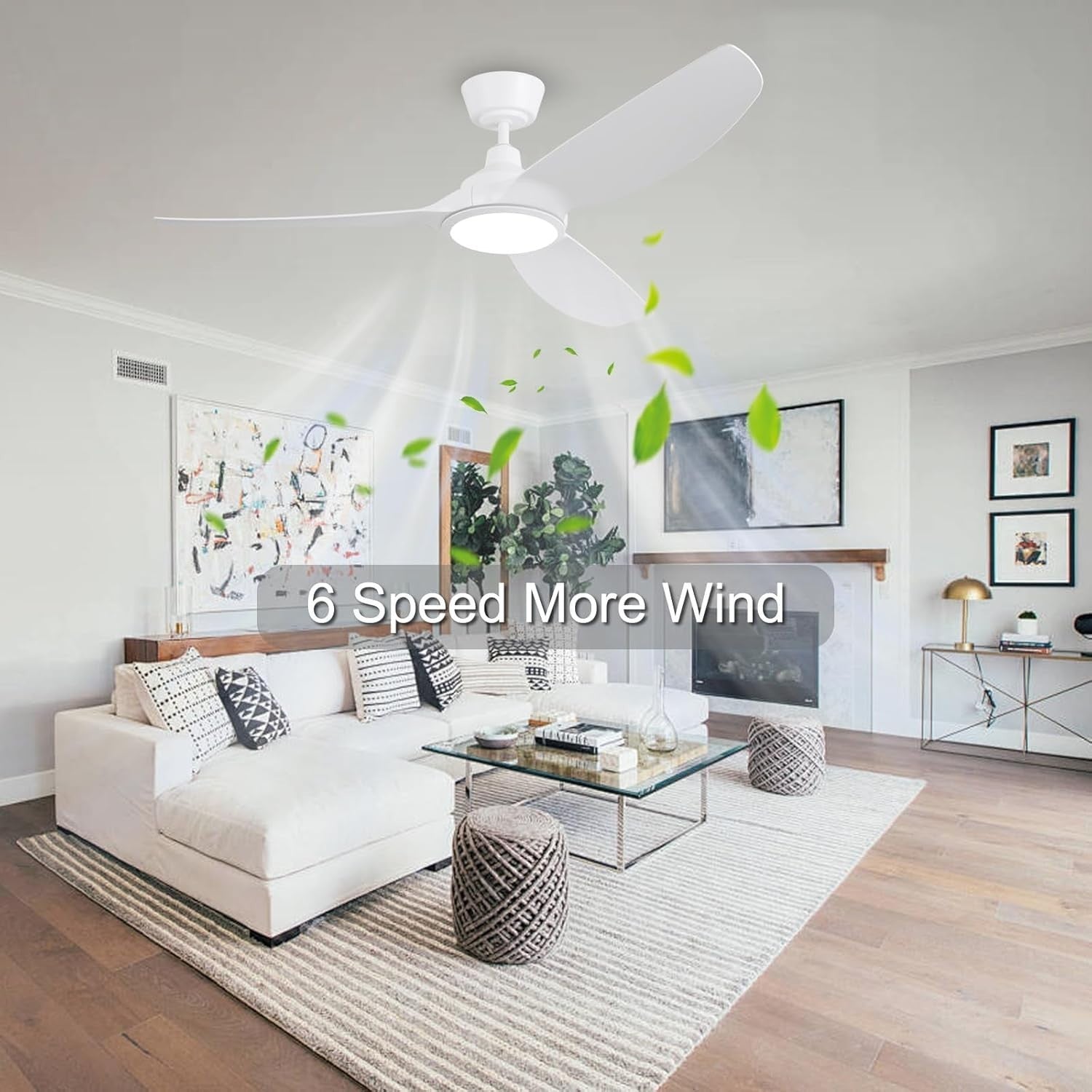 Ovlaim 132CM Smart White Ceiling Fan with LED Light, Remote, 6-Speed, DC Motor