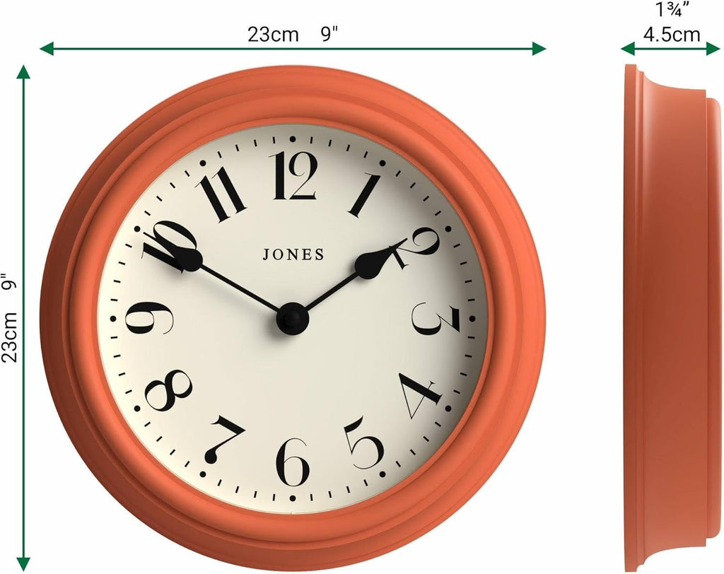 23cm Orange Wall Clock Modern Retro Design | Quiet Quartz | Kitchen Bedroom