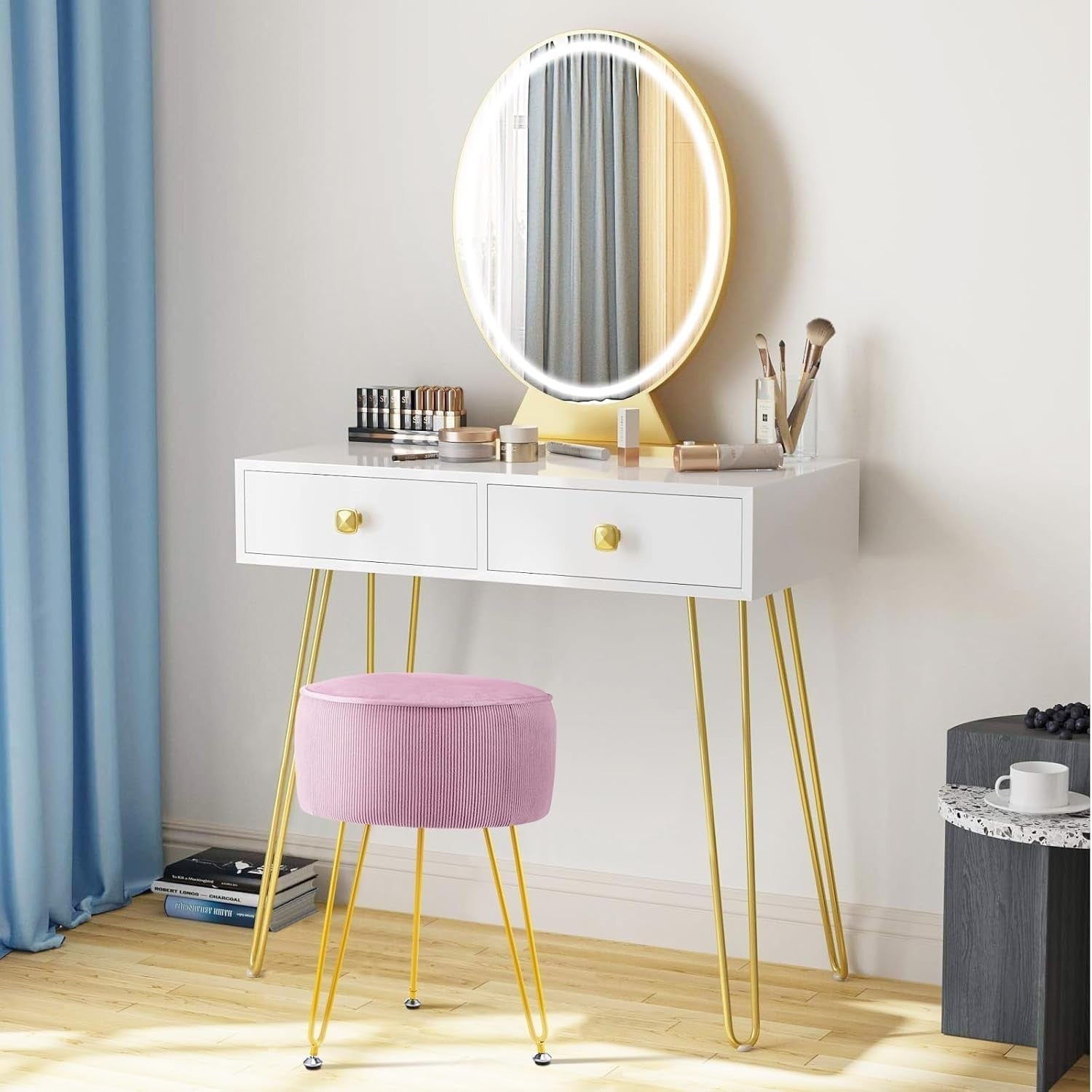 Pink Round Vanity Stool with Padded Seat & Gold Metal Legs – 30x30x43cm