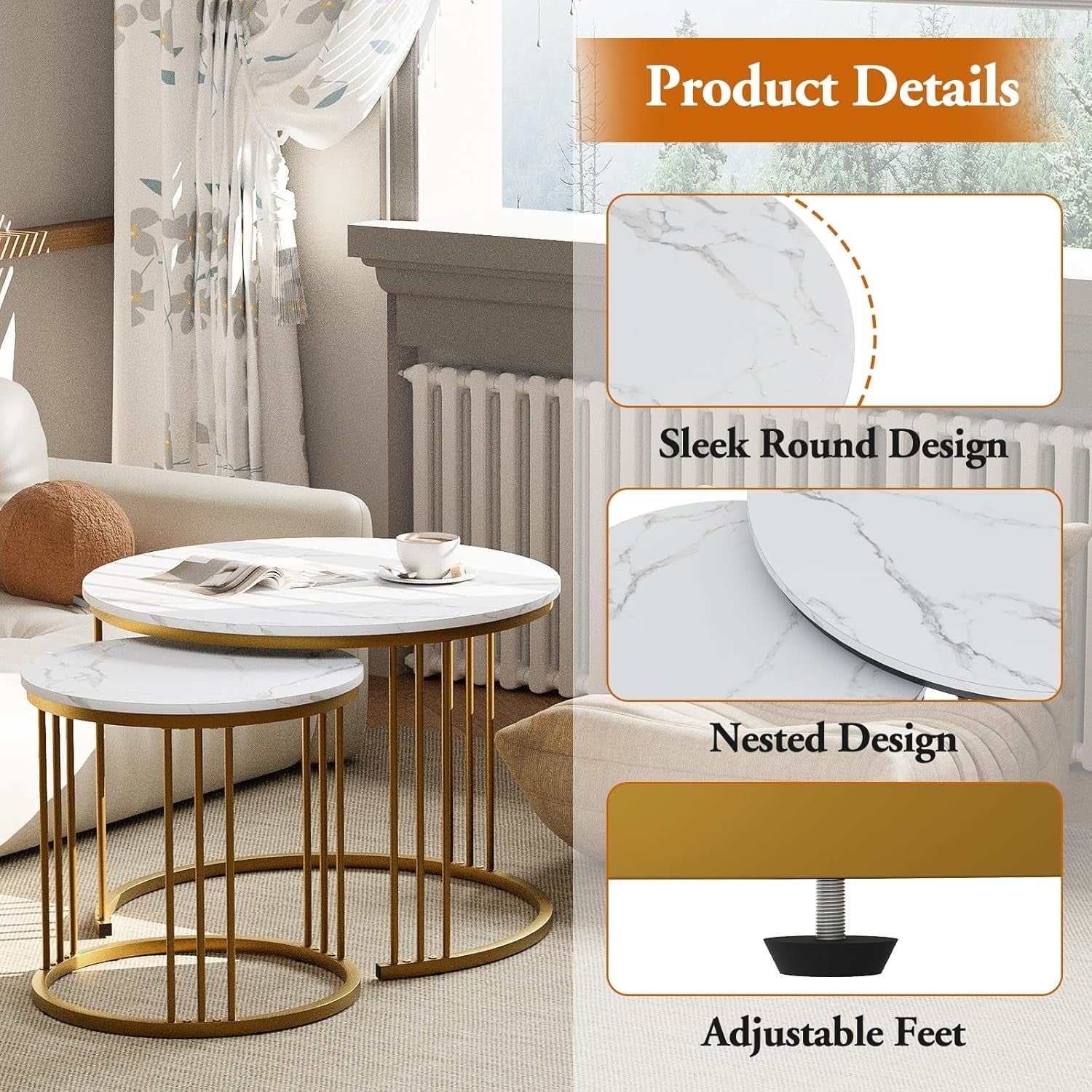 Gold Round Nesting Coffee Table Set Modern End Side Accent Living Room Furniture