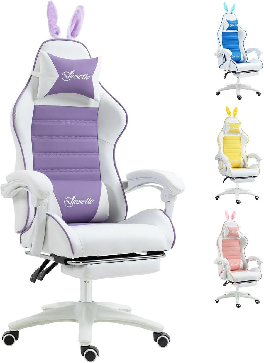 Reclining Gaming Chair w/ Footrest Bunny Ears PU Leather