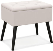Beige Velvet Flip-Top Footstool Storage Ottoman Vanity Seat w/ Solid Wood Legs