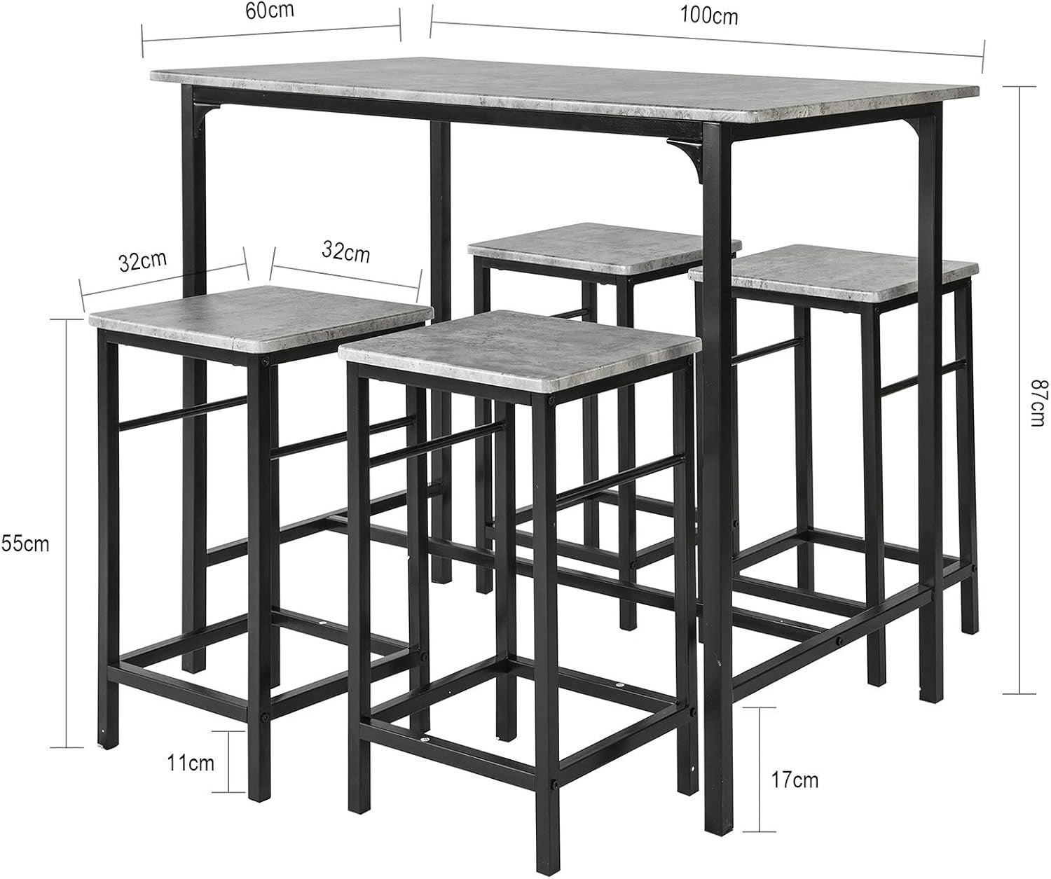 5-Piece Breakfast Bar Table Set with 4 Stools, Space Saving Dining – Black Grey