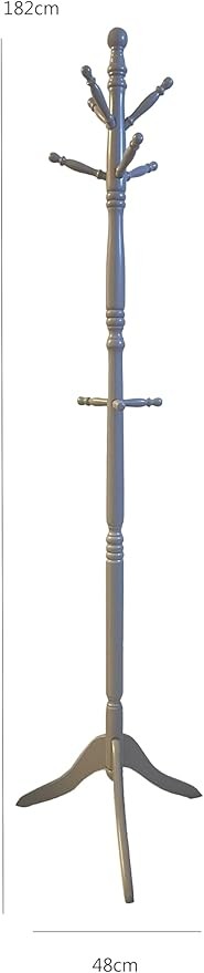 Grey Wooden Coat Stand with 9 Hooks | Solid Wood Freestanding Coat Rack for Hats