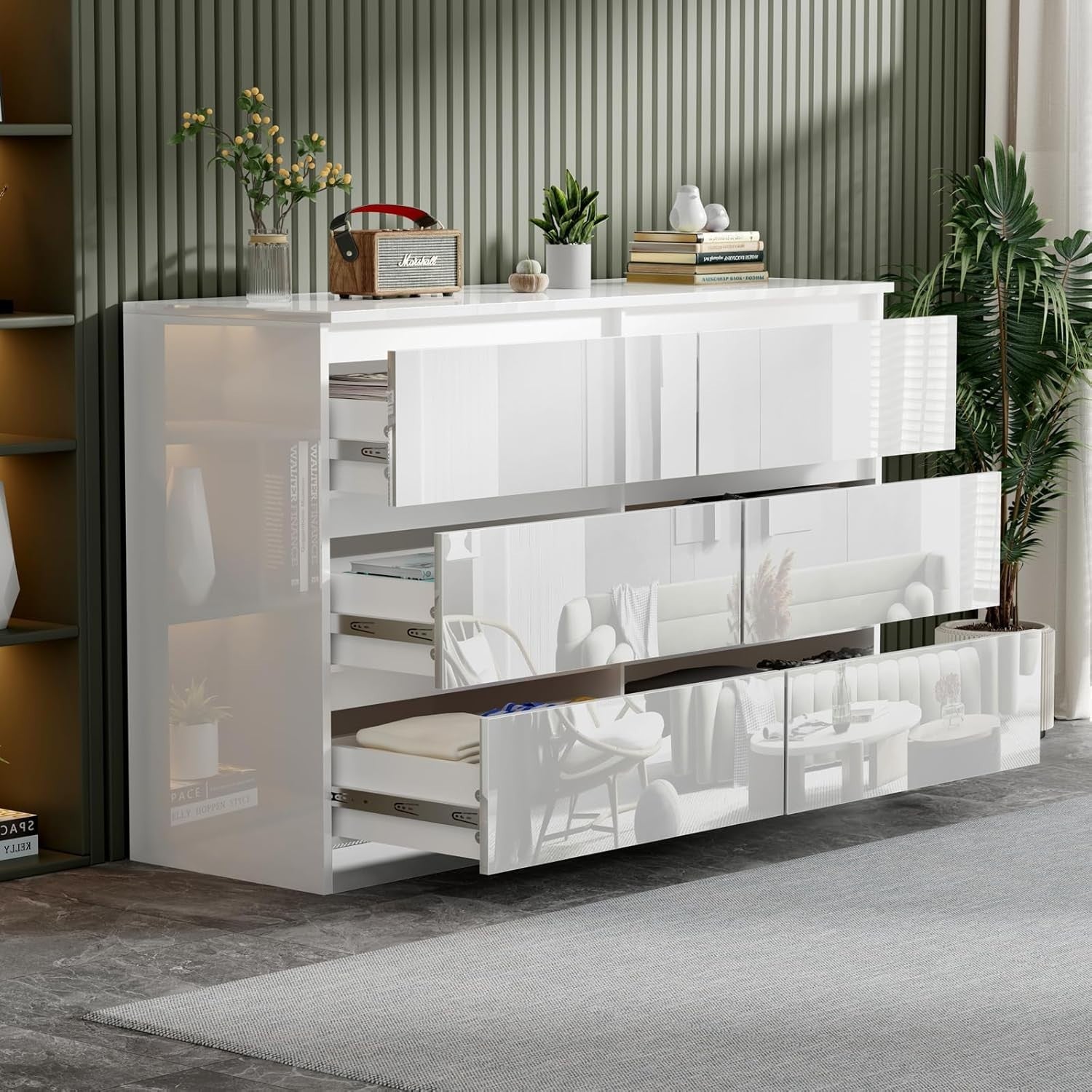 White Gloss 6 Drawer Chest Modern Wide Storage Unit for Bedroom Office