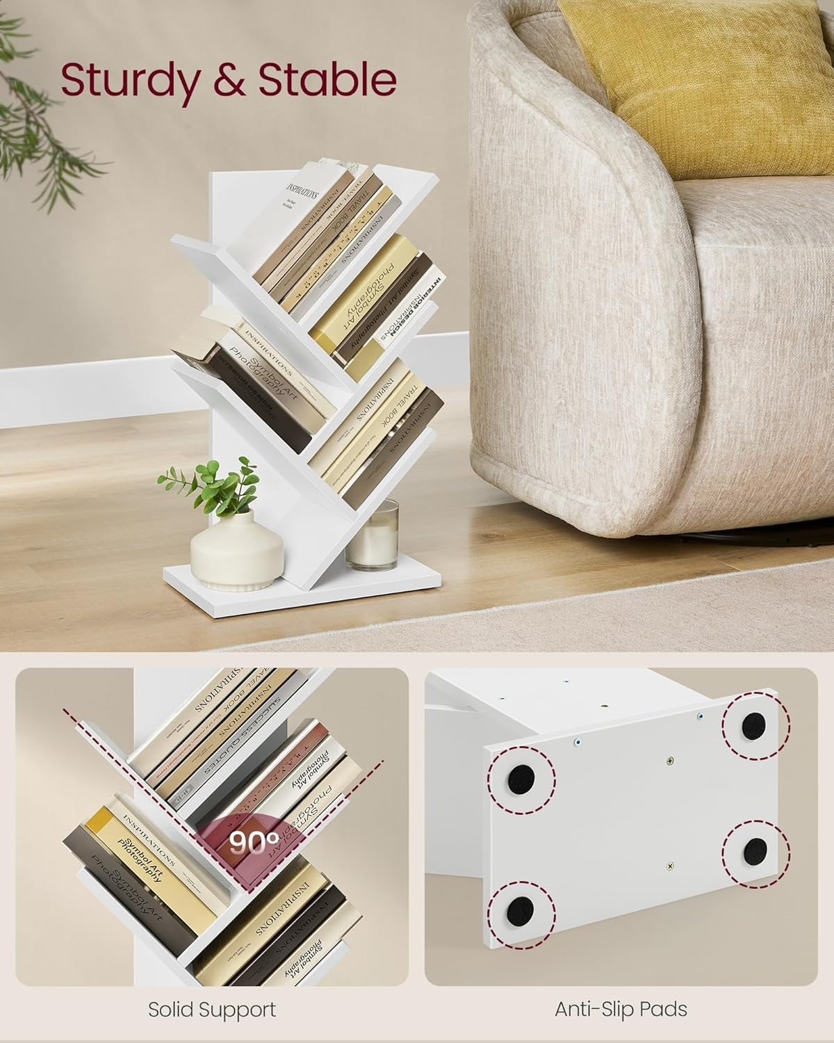 5 Tier Tree Bookshelf White Small Corner Bookcase Space Saving 51cm
