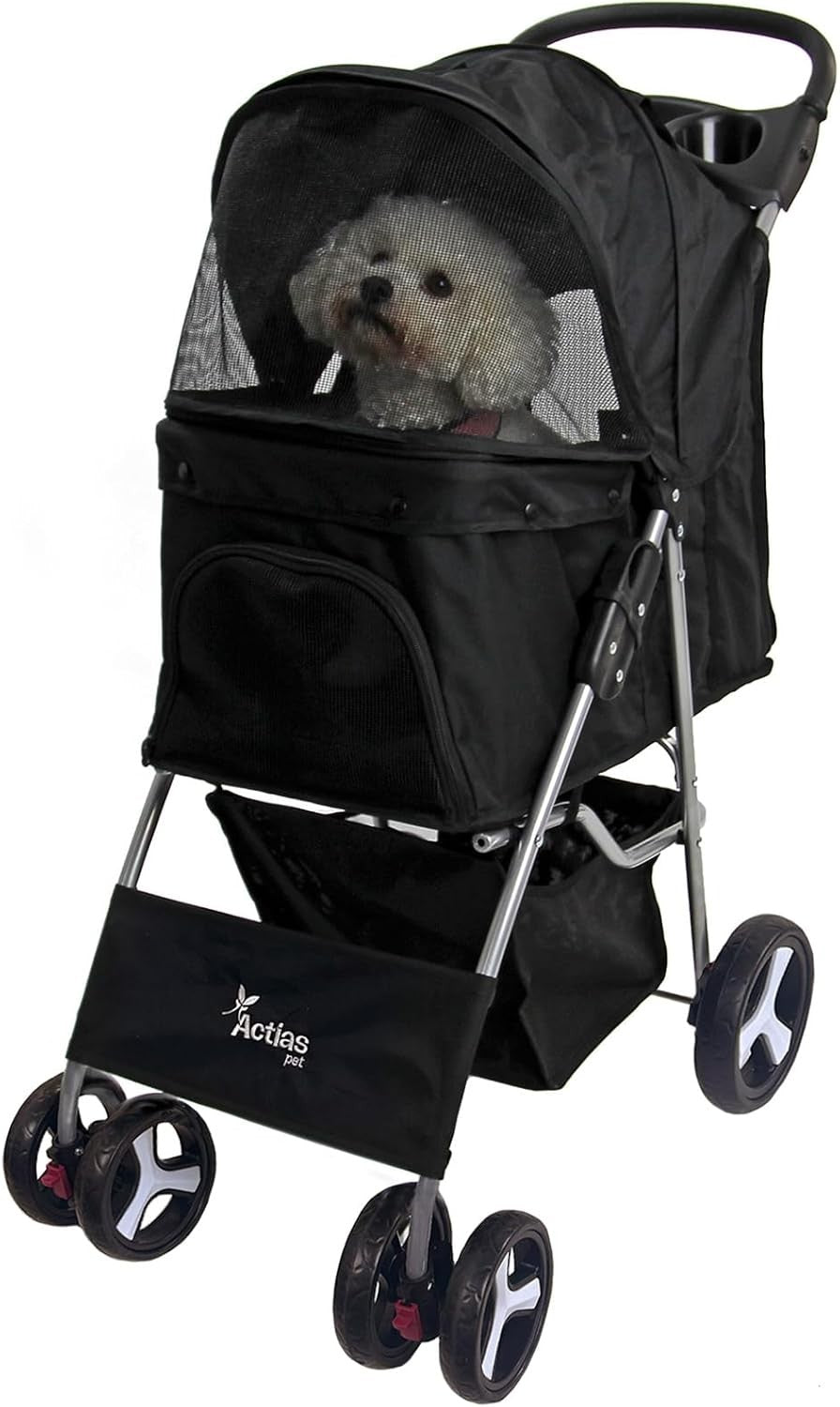 Pet Travel Stroller Dog Cat Pushchair Foldable Swivel Wheels 15kg Black