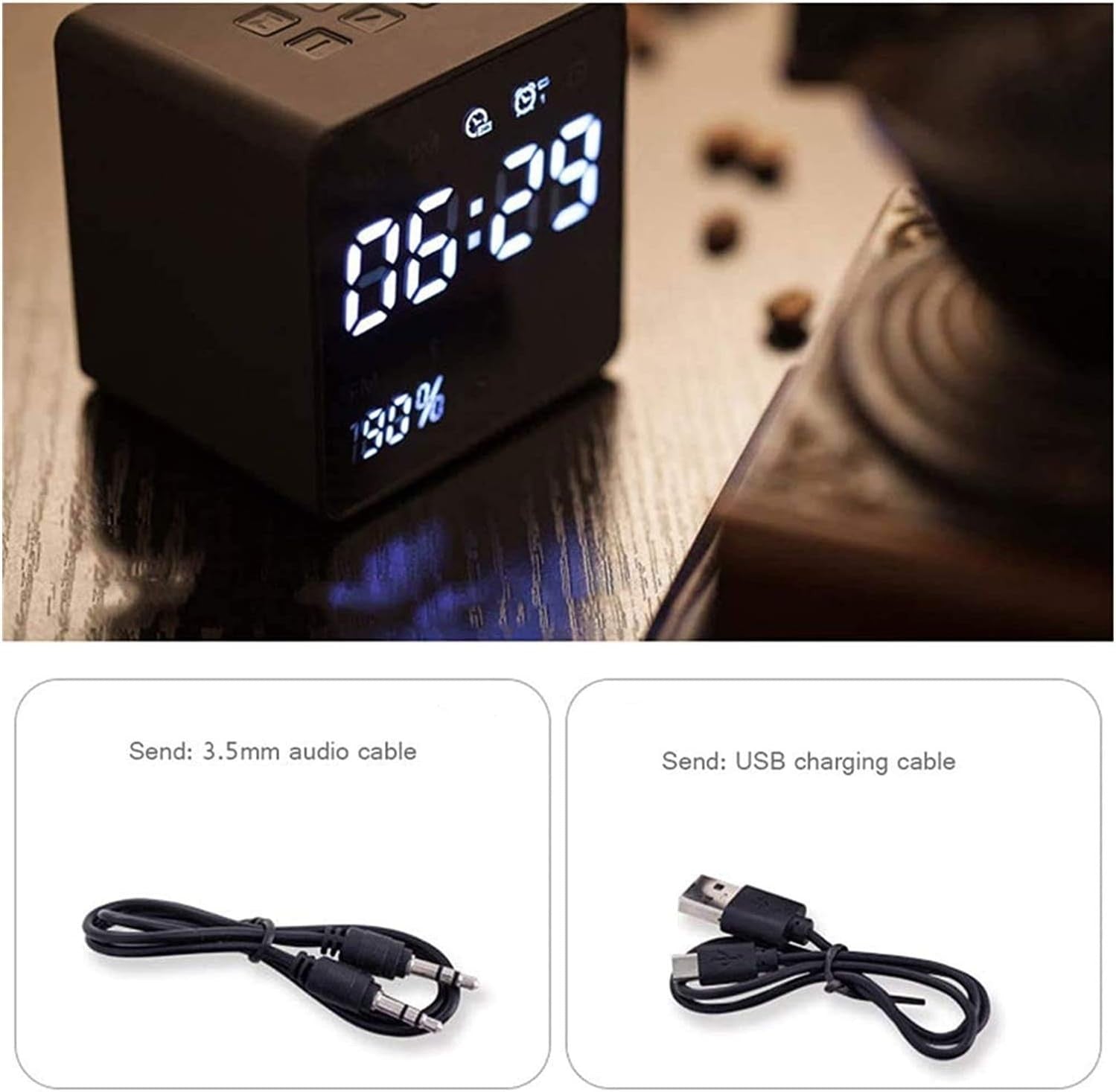 Black Digital Alarm Clock Bright LED Display Snooze Bedside Cube Design