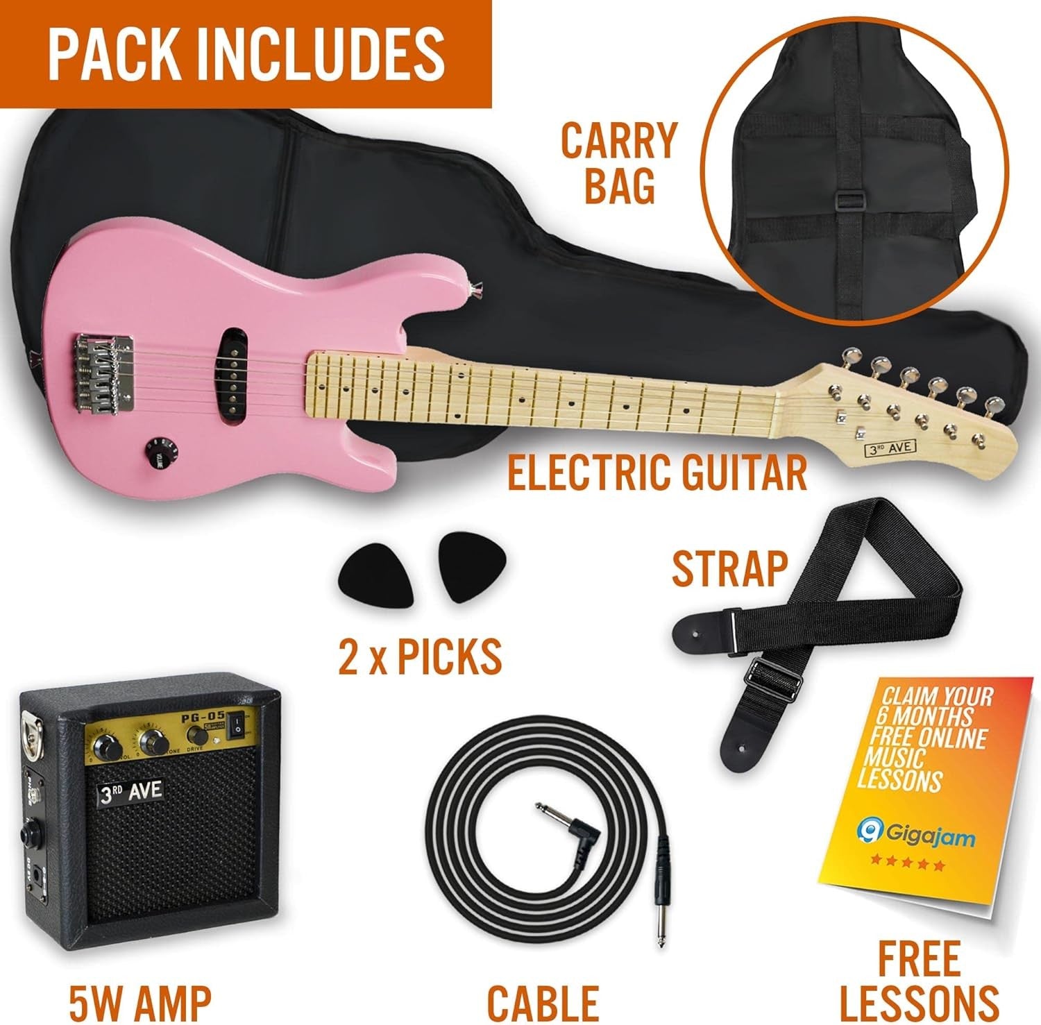 Kids 1/4 Size Electric Guitar Starter Kit Amp Bag Pink