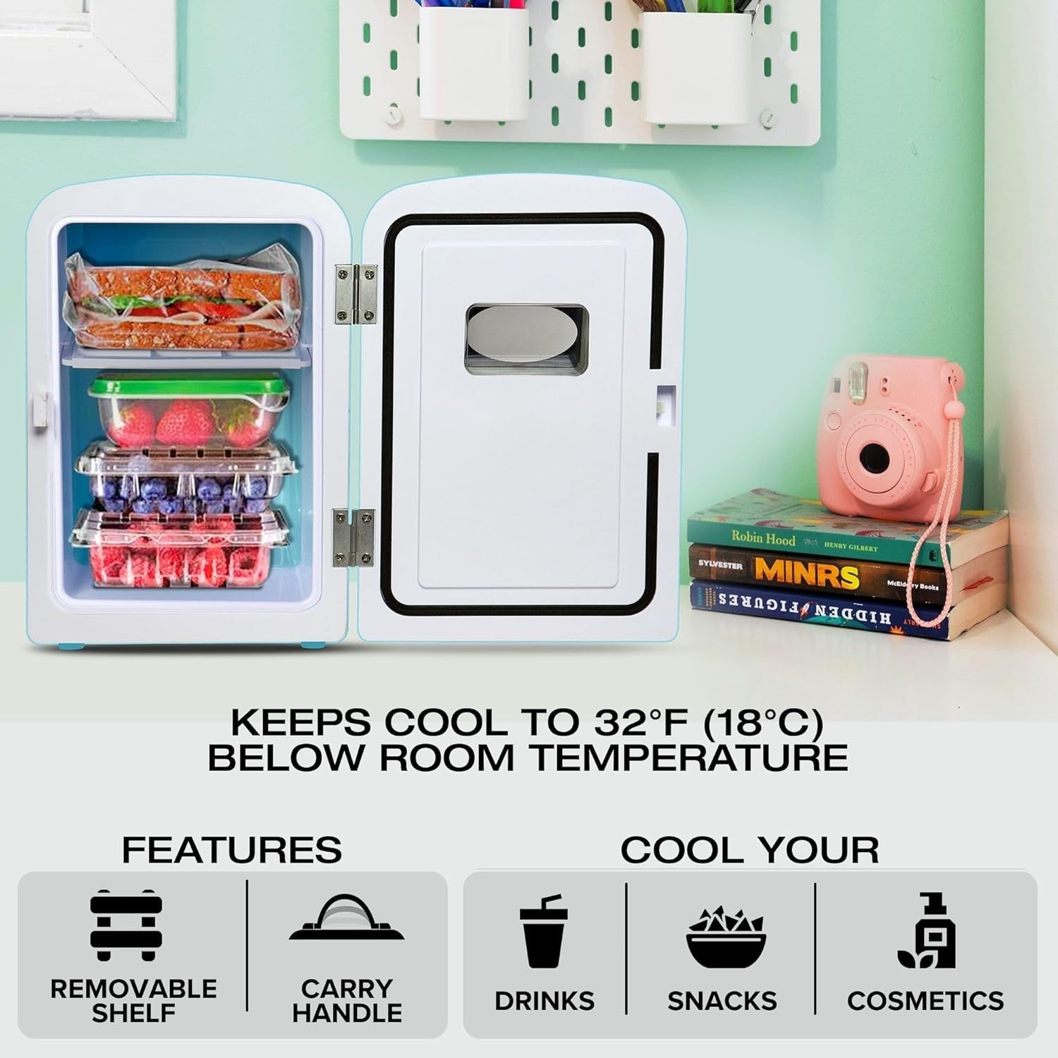 Portable Mini Fridge 4L 12V AC/DC Retro Cooler Bedroom Car Desk Aqua