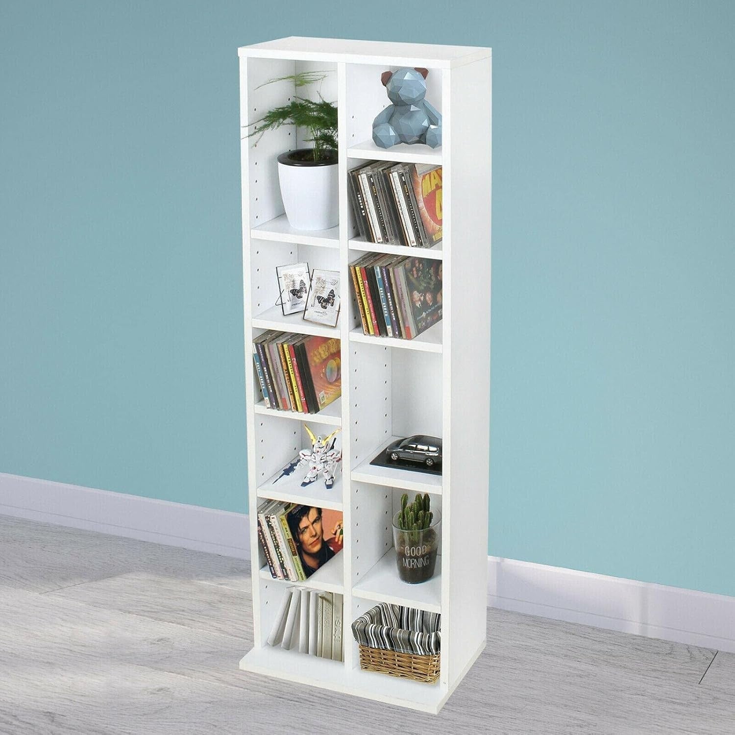 CD DVD Storage Tower Rack Adjustable Shelves Media Display Unit White