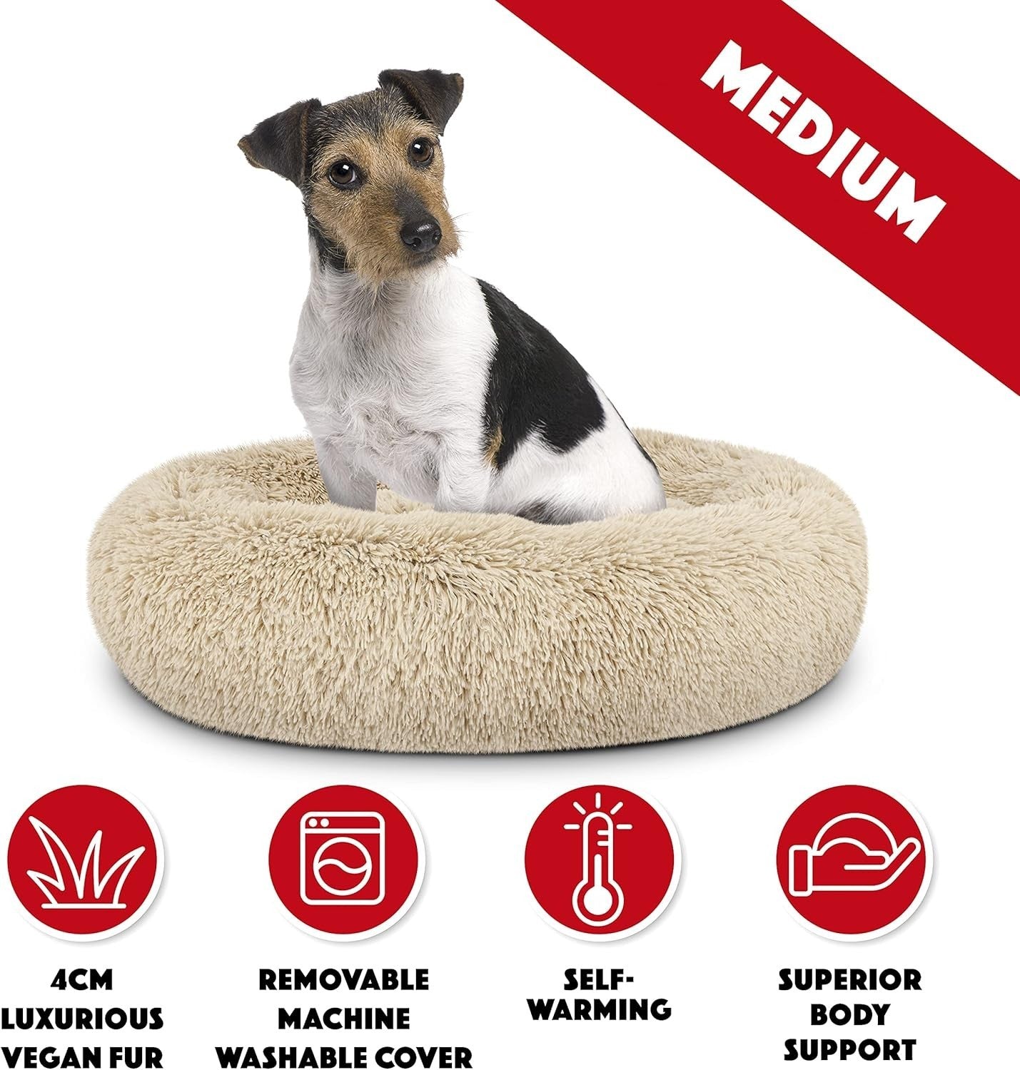 Medium Calming Donut Dog Bed 76cm Plush Round Nest Beige