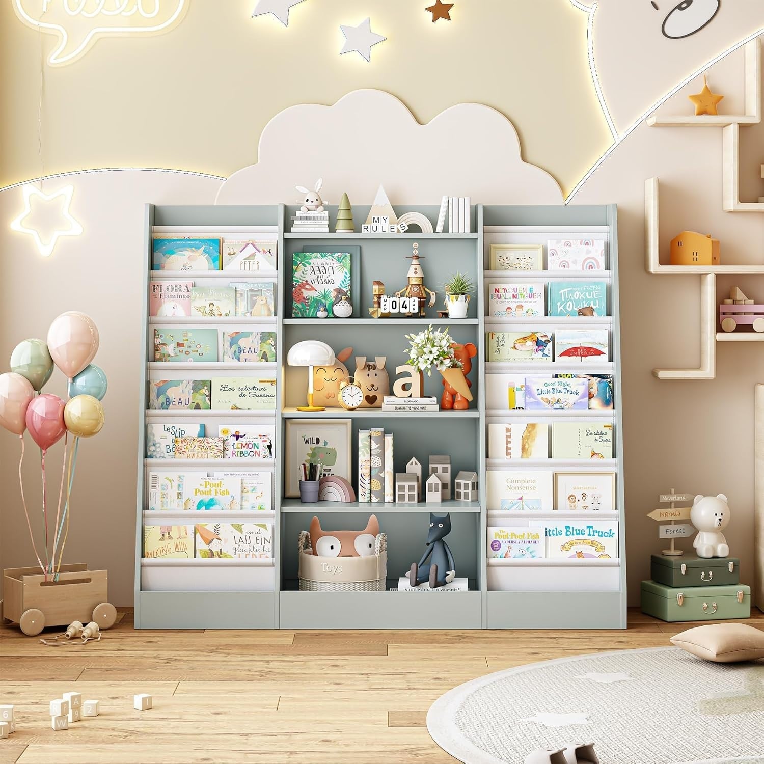Kids Bookshelf Storage Unit with 14 Sling Fabric Shelves & 5 Toy Racks