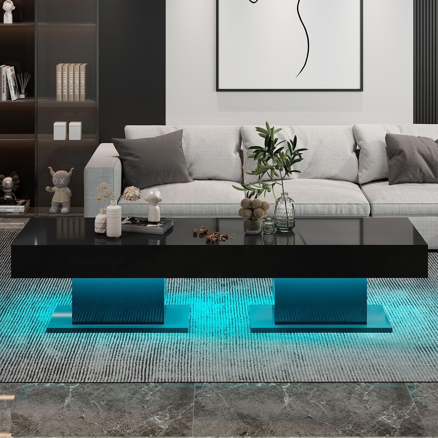 Modern Black LED Coffee Table, High Gloss Rectangular 110x55cm
