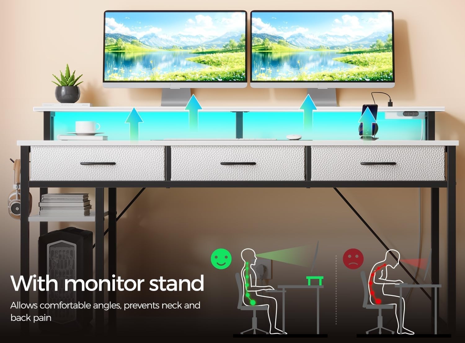 White Computer Desk with Drawers, LED Lights & Power Outlets Workstation