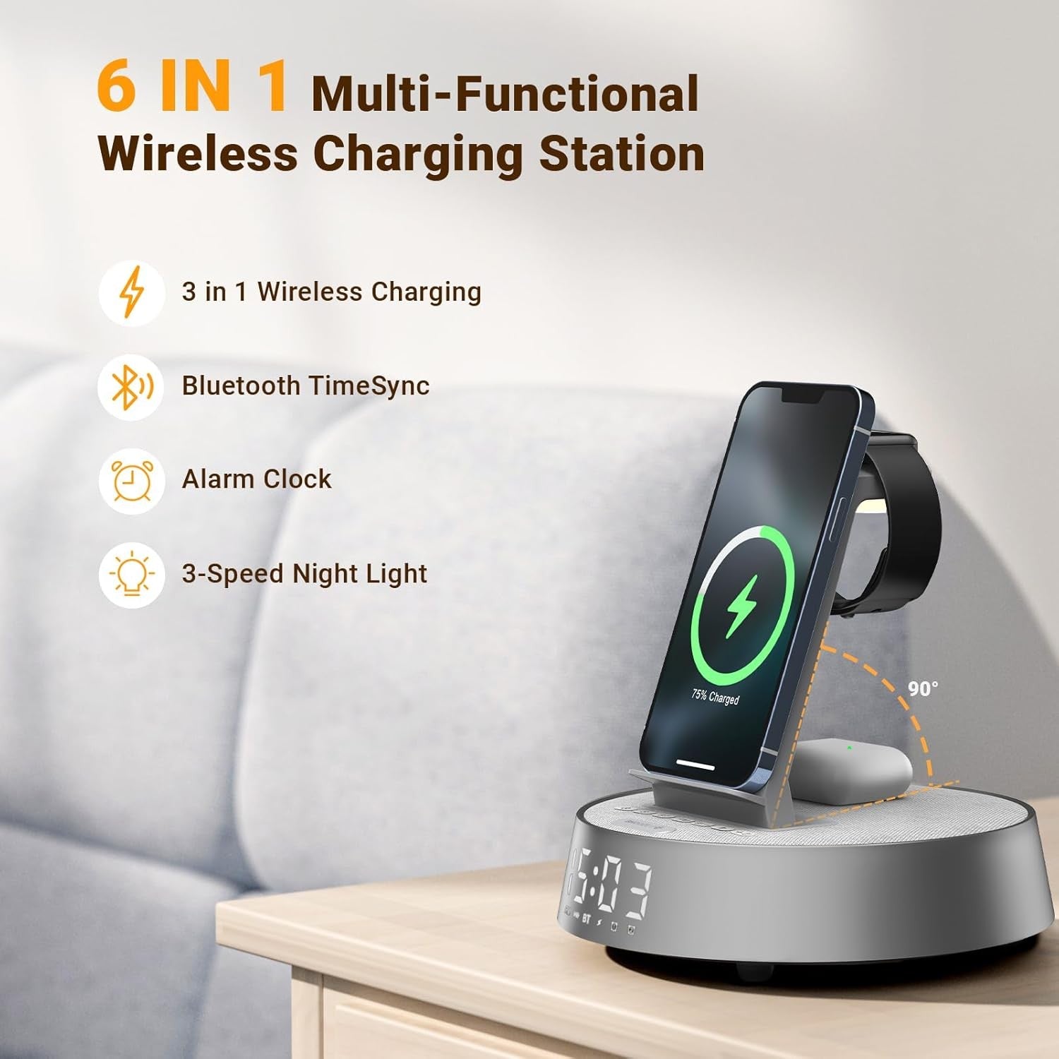 Wireless Charging Alarm Clock Bluetooth Speaker Night Fast Charger