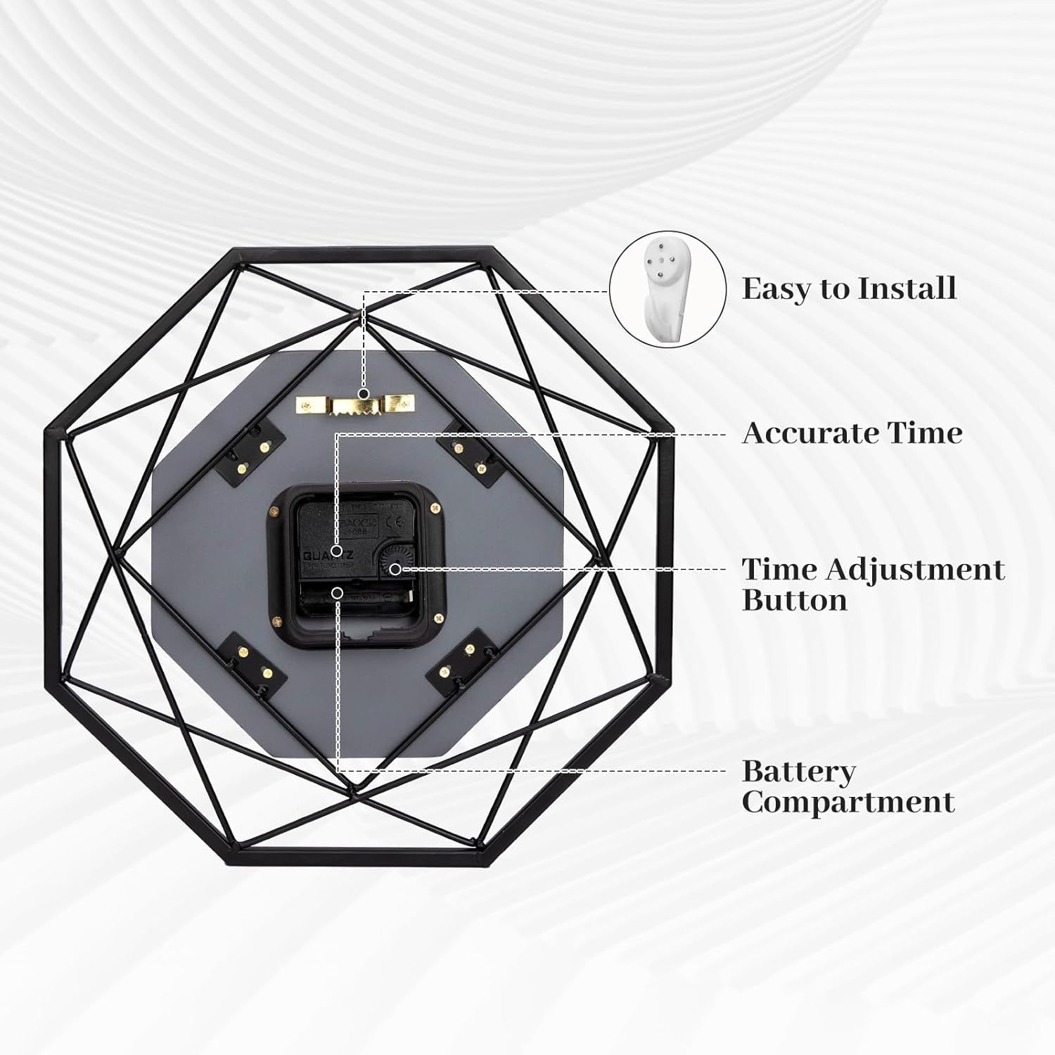 Large 40cm Modern Metal Wall Clock Silent Non-Ticking Black Geometric Decor