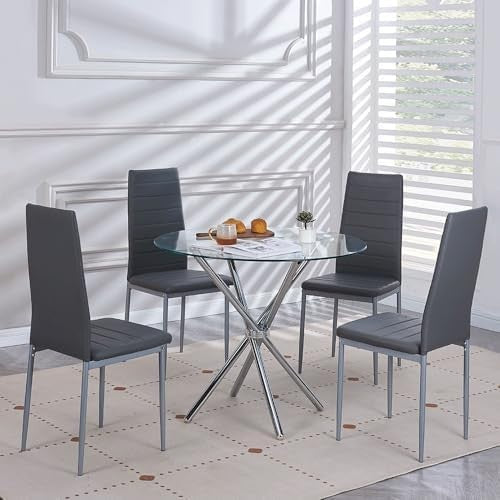 Round Glass Dining Table Set 4 Seater 90cm Silver Slate Gray Faux Leather