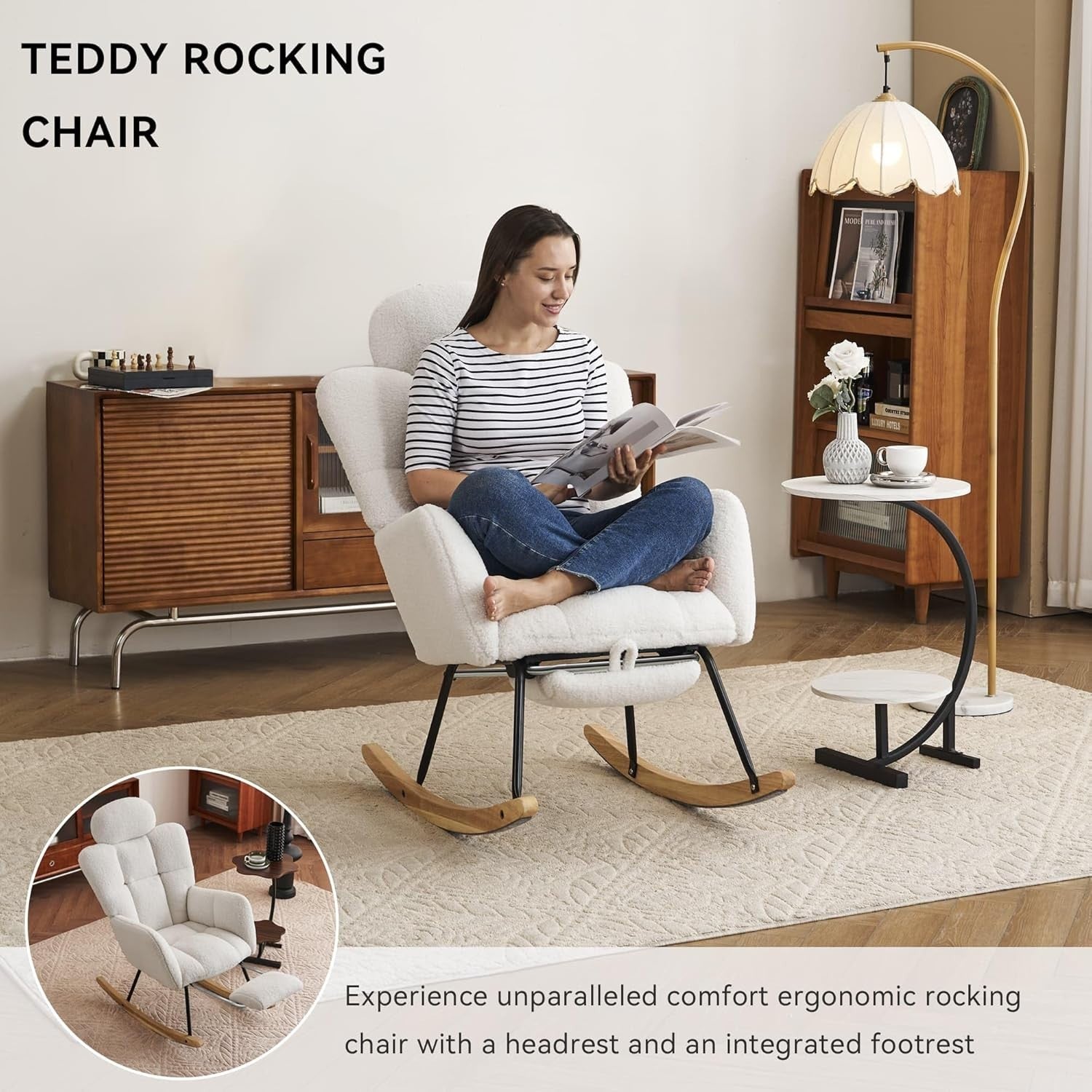 Ivory Rocking Recliner Chair w/ Footrest, Headrest – Cozy Teddy Armchair 125cm