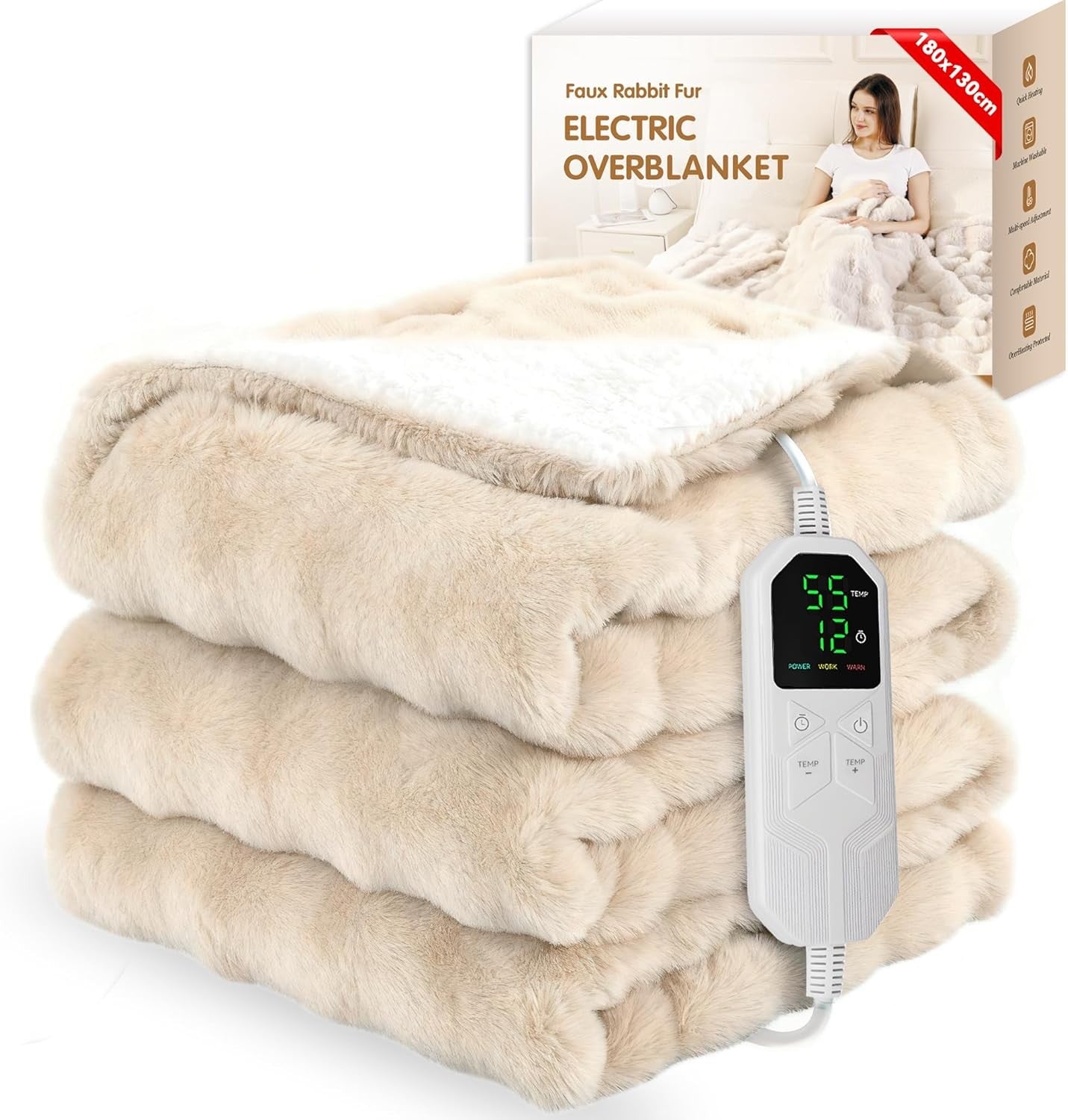 Electric Heated Throw Blanket 180x130cm Faux Fur Fast Warm Sofa Cover