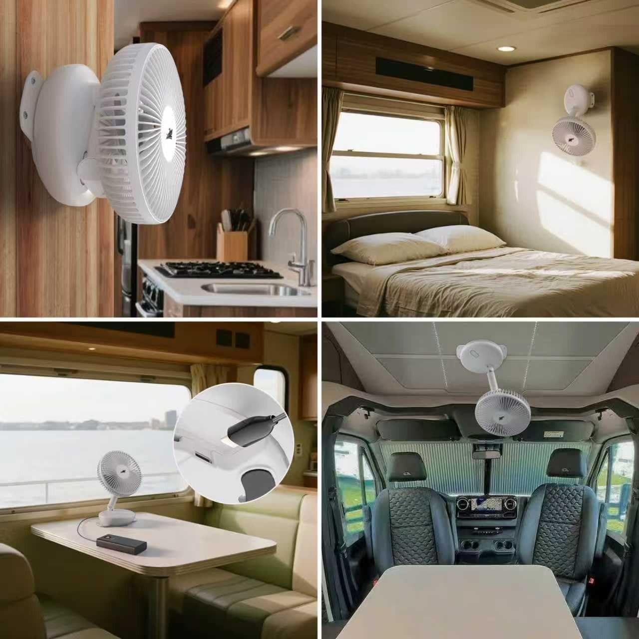 12V Wall Mount Fan – 180° Foldable Dual Power Fan with LED Light for RV & Boat