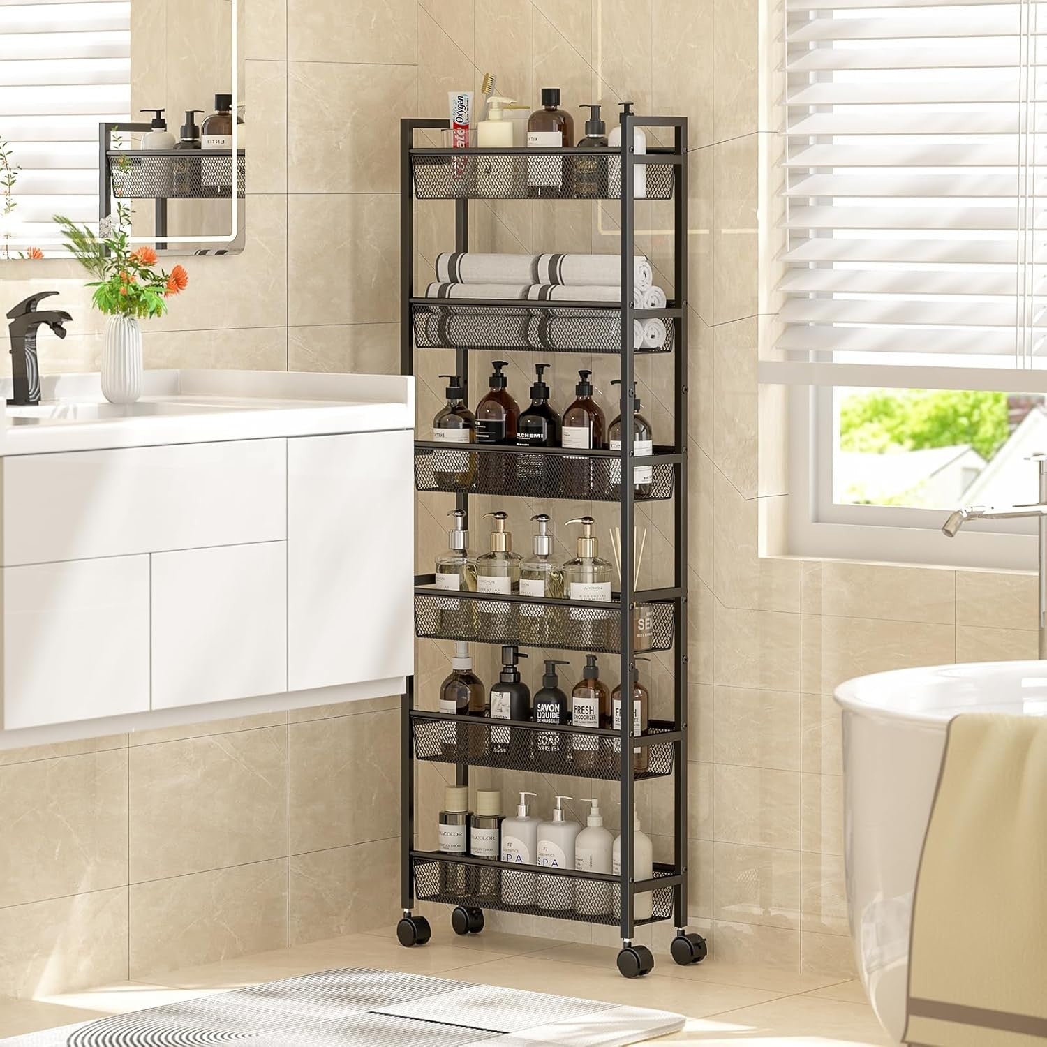 6 Tier Slim Storage Cart Narrow Rolling Organizer Shelf White Metal
