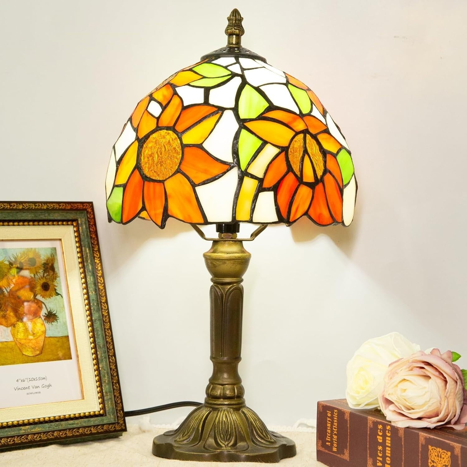 Sunflower Tiffany Table Lamp | Dimmable LED | Vintage Bedside Light