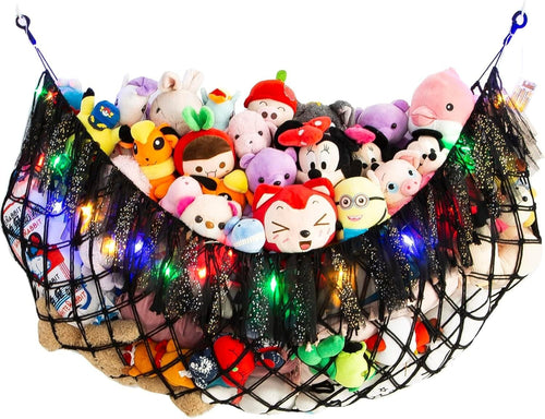 Extra Large Black Toy Hammock with LED Lights – Plush Animal Wall Storage