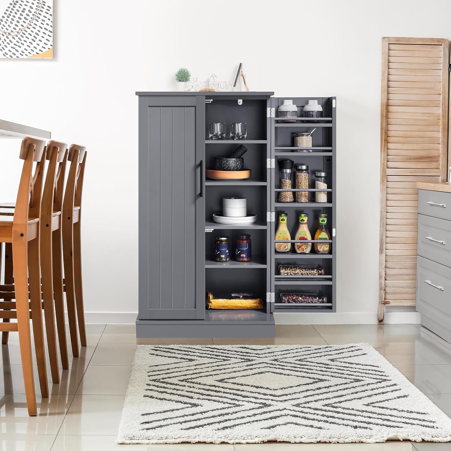 Dark Grey Kitchen Cupboard 6 Shelf Wooden Pantry Storage Cabinet Unit