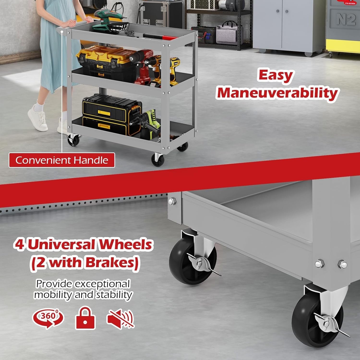 3 Tier Heavy Duty Tool Trolley Rolling Utility Cart Lockable Wheels