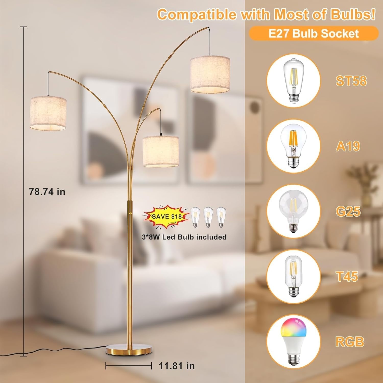 3-Head Gold Arc Floor Lamp Beige Shade Dimmable LED Living Room Light