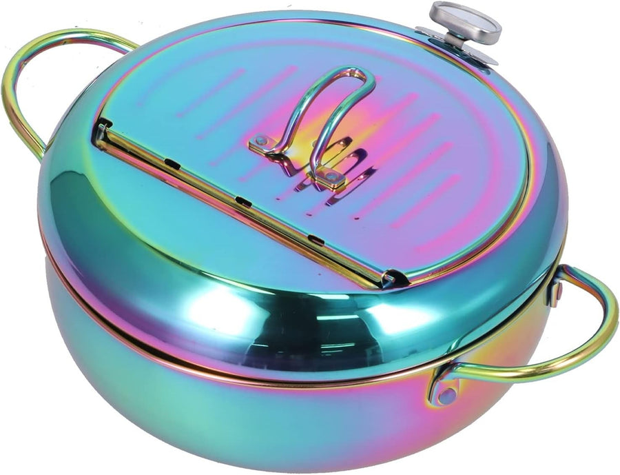 3.2L Stainless Steel Deep Fryer Pot w Thermometer Non Stick Blue