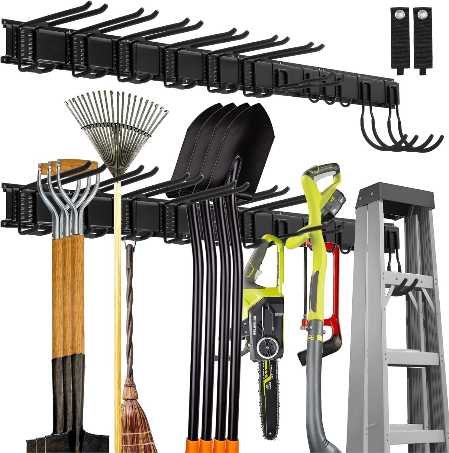 Garage Tool Rack Wall Mounted 12 Adjustable Hooks 2 Semicircle Black