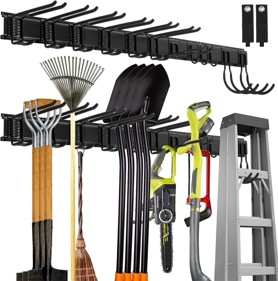 Garage Tool Rack Wall Mounted 12 Adjustable Hooks 2 Semicircle Black