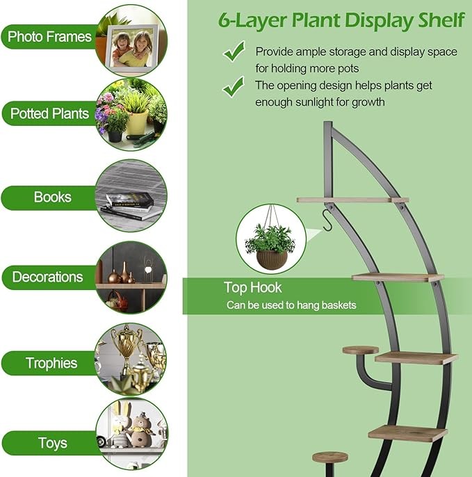 8 Tier Curved Metal Plant Stand Indoor Outdoor Half Moon Flower Shelf Display
