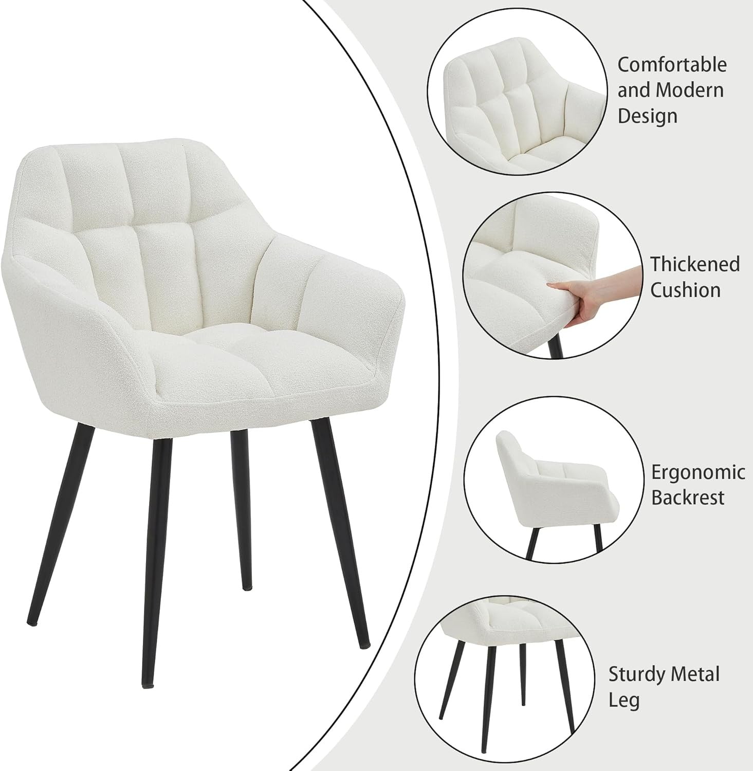 Boucle Accent Tub Chair Cream White Upholstered Dining Armchair