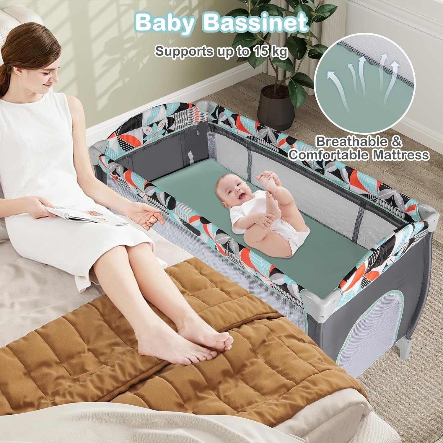 4in1 Travel Cot Baby Bedside Foldable Crib Bassinet Portable Playard Blue
