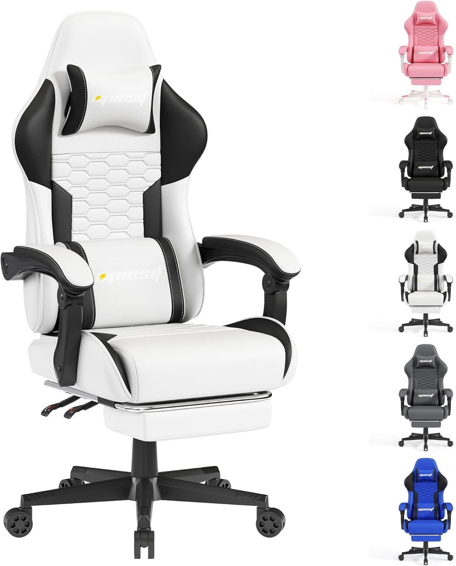 Ergonomic Gaming Chair with Footrest Reclining Swivel White
