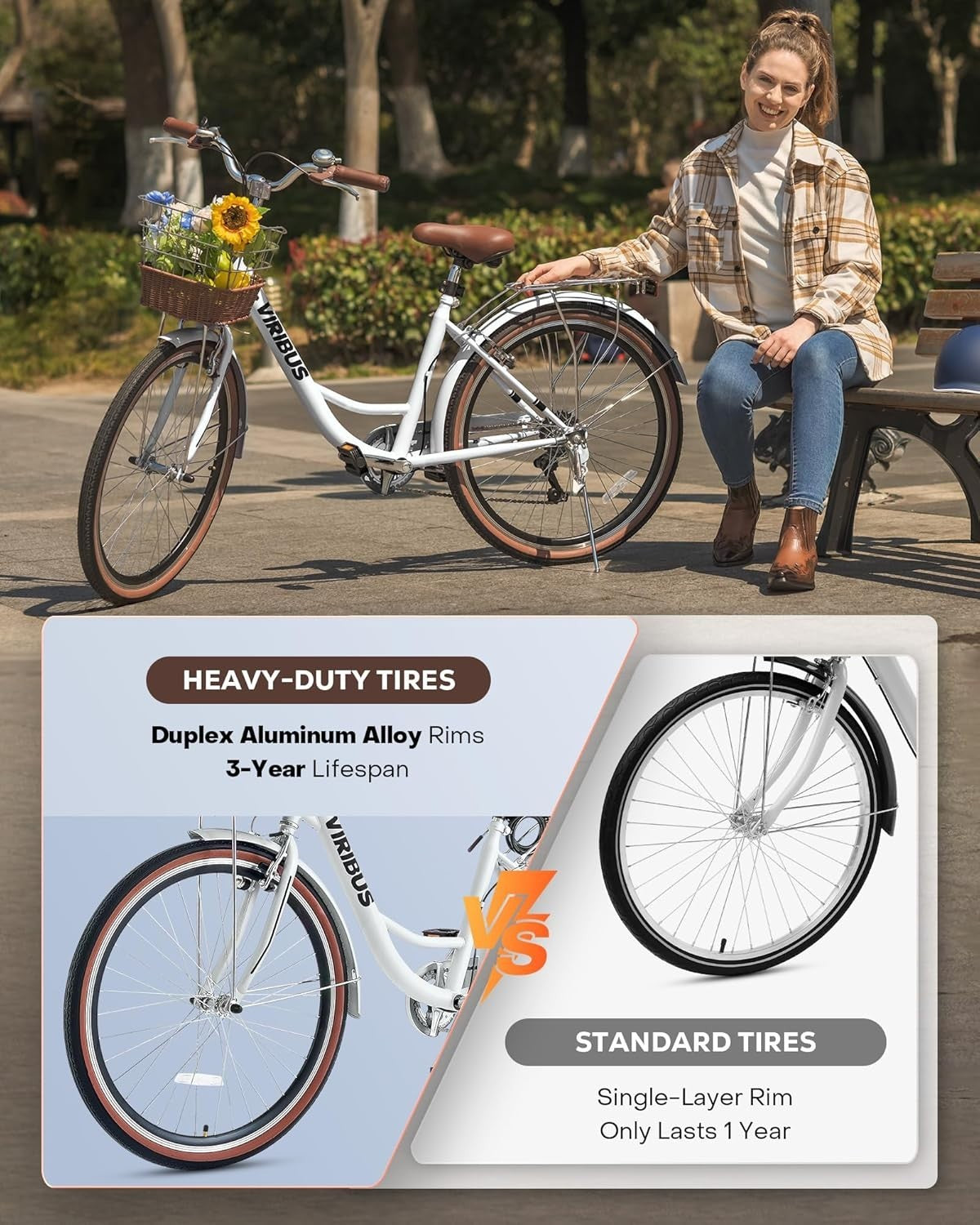 24" Women’s Comfort Cruiser Bike - 7 Speed Shimano, Rattan Basket, City Ride