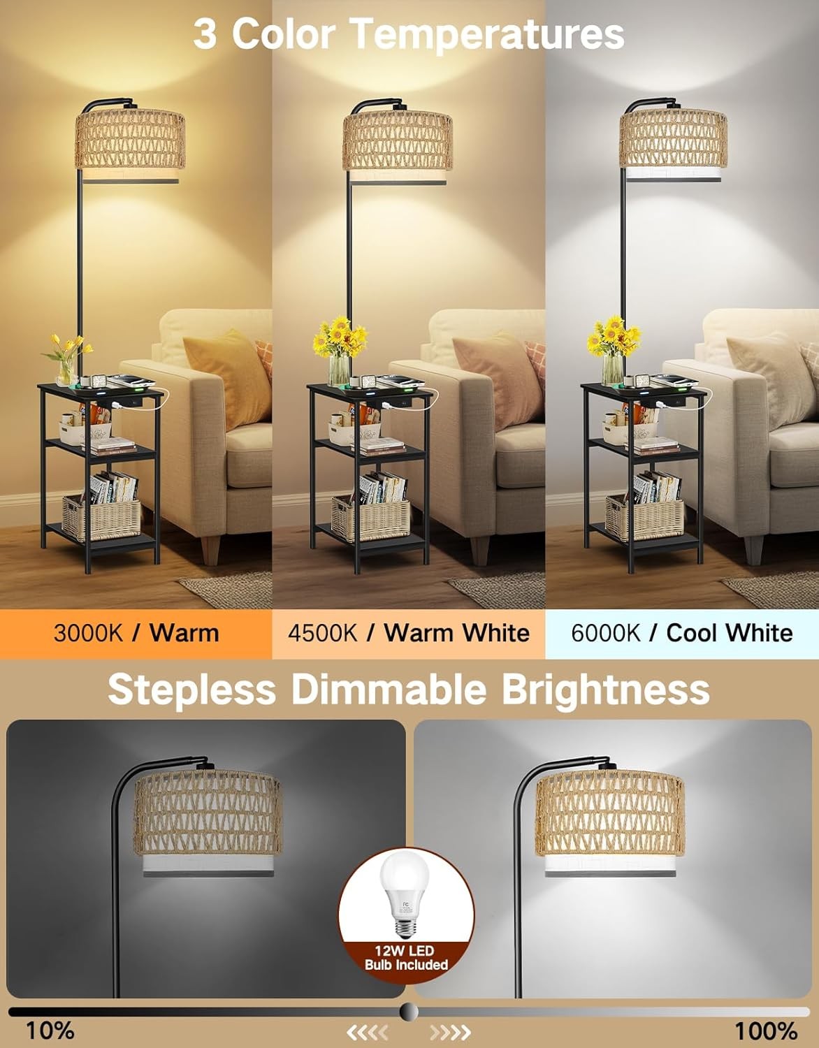 Floor Lamp with Table & Rattan Shade, Dimmable LED, USB Charging, Black