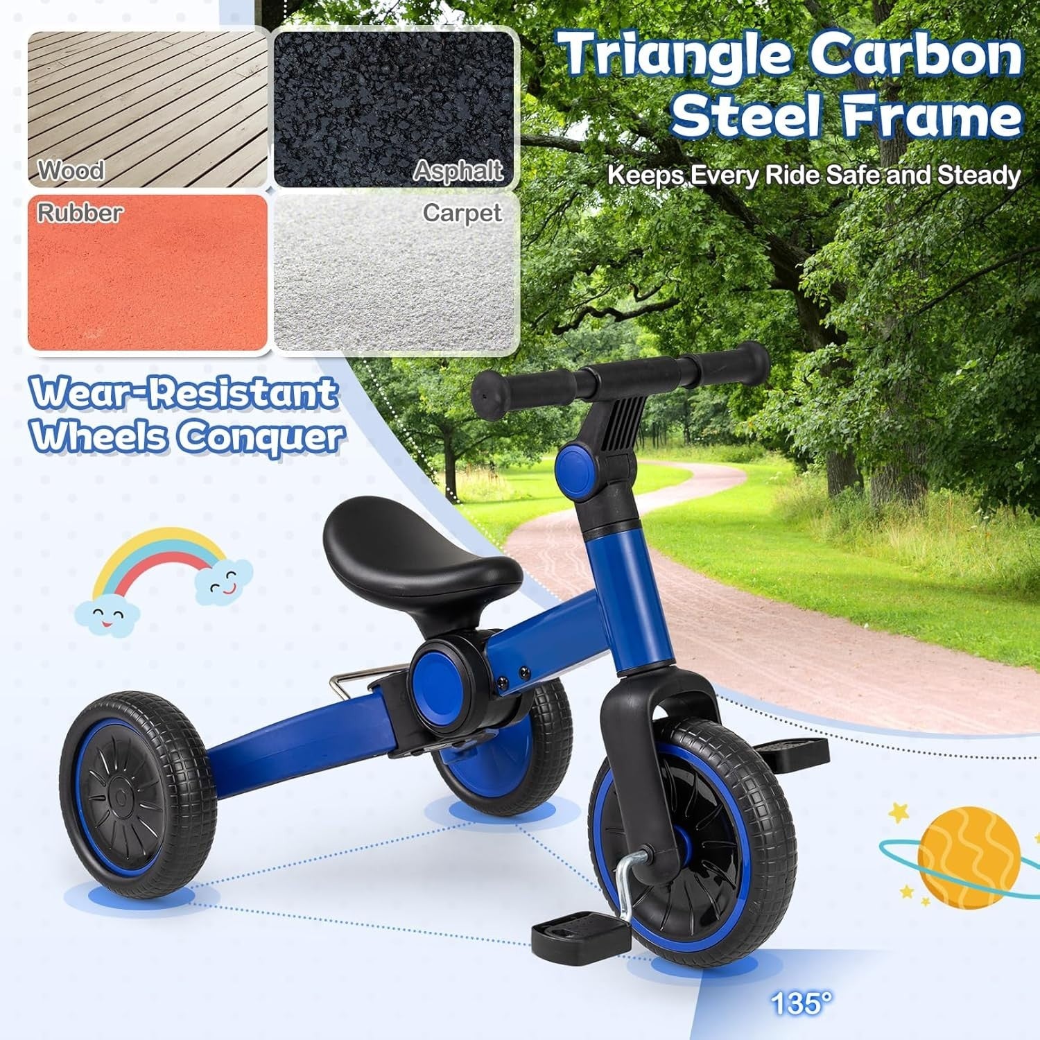 Kids Tricycle Balance Bike 2-4 Years Foldable Adjustable Handlebar Blue