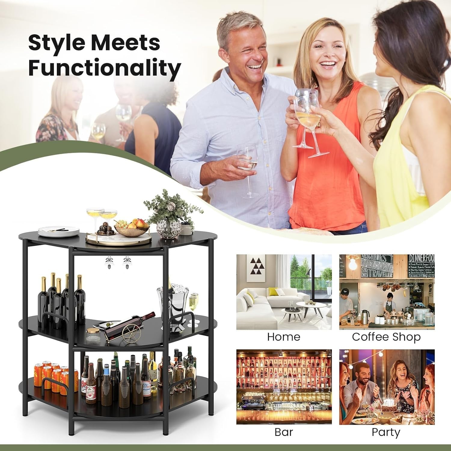 3-Tier Wine Bar Cabinet with Glass Holder, Freestanding Drinks Storage Table