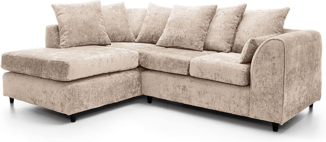 L Shaped Corner Sofa Cream Chenille – 5 Seater Couch w/ Cushions & Support