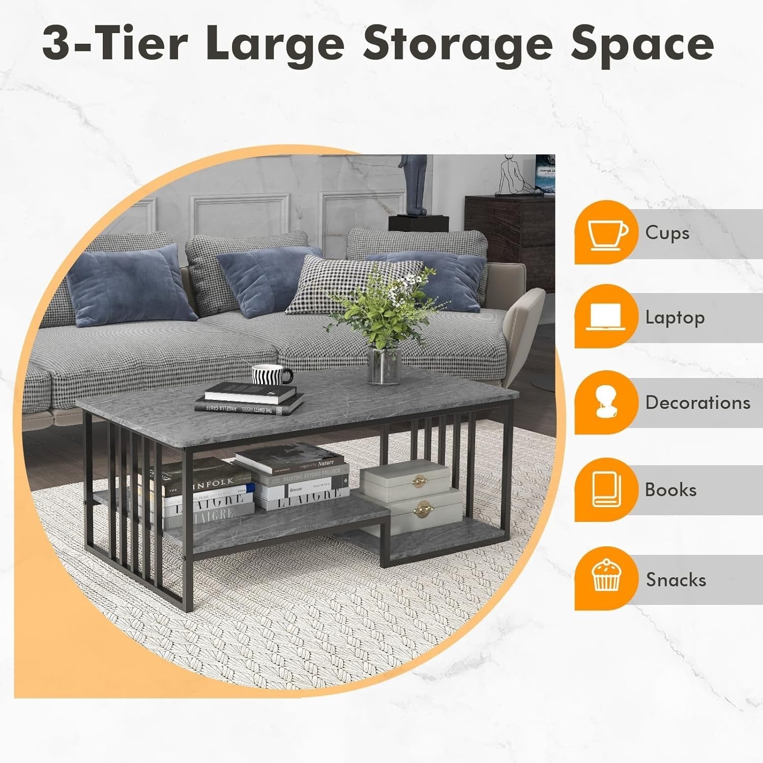 3-Tier Faux Marble Coffee Table with Storage Shelves & Sturdy Metal Frame