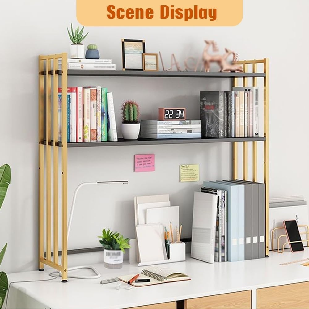 2-Tier Metal Desk Hutch Monitor Stand Adjustable Black Desktop Shelf 115×26×90cm