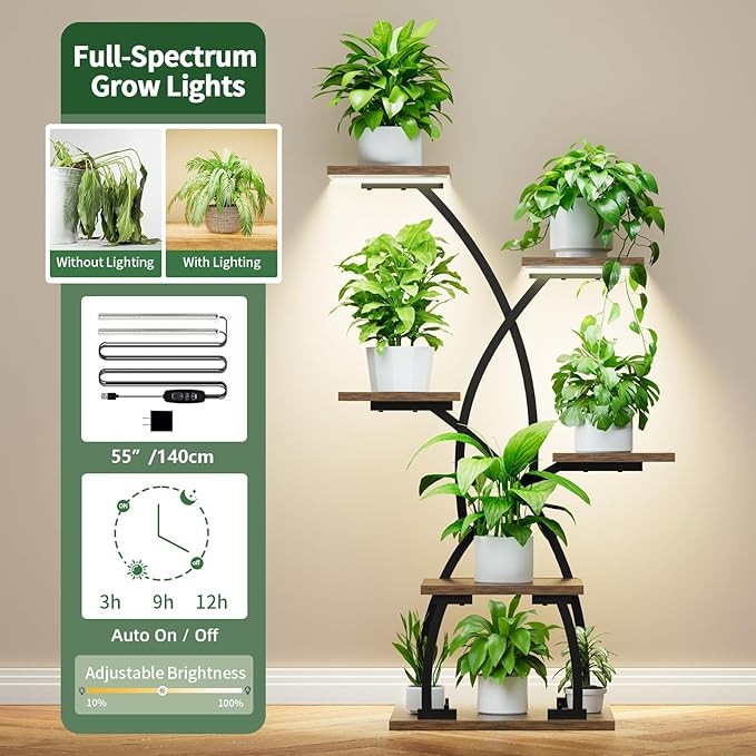 6 Tier Metal Plant Stand with Grow Lights Indoor Curved Flower Shelf for Home